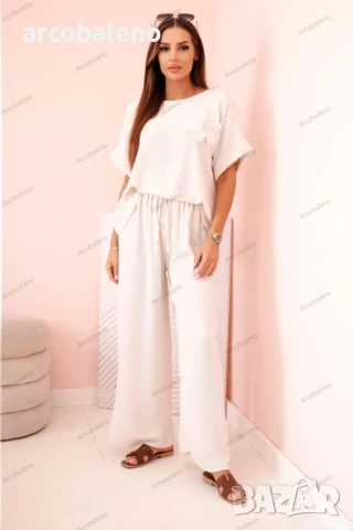 Дамски комплект от две части от вискоза с декоративно цвете и широки панталони, 14цвята , снимка 15 - Комплекти - 50508774