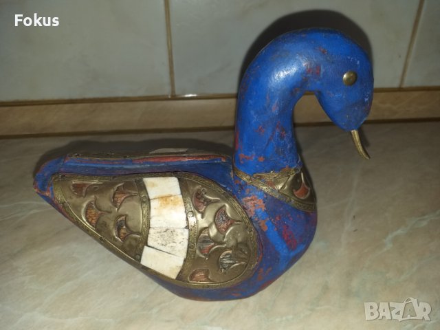 Страхотна синя дървена патица патка с месинг и кост, снимка 2 - Антикварни и старинни предмети - 43414187