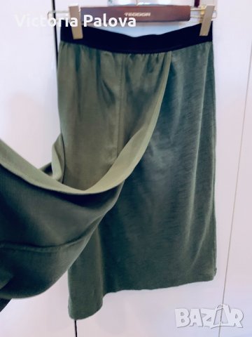 Ефектна нестандартна масленозелена пола SISLEY,асиметрична, снимка 10 - Поли - 33606012