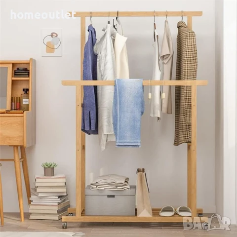 ПРОМОЦИЯ Мобилна бамбукова стойка за дрехи на 2 нива UNHO JJ-ZY643, снимка 5 - Етажерки - 50939281