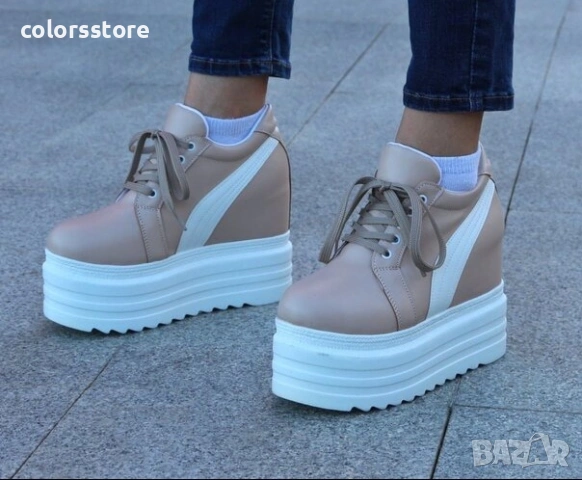 Кецове на платформа - бежови с бяла лента - SJN56, снимка 1 - Кецове - 47946998