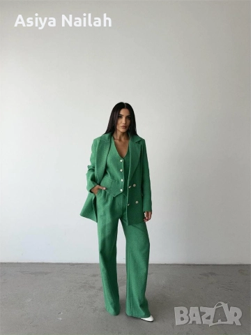 Дамски зелен костюм от 3 части – сако, елек и широк панталон, снимка 7 - Костюми - 52792782
