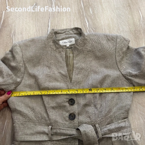 Дамско сако Calvin Klein блейзър ленен сив с колан и дълъг ръкав , снимка 4 - Сака - 53412785