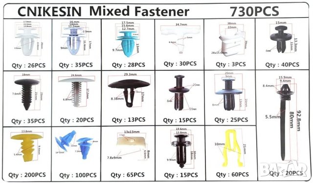 Комплект щипки за кори тапицерия за автомобил 730 части, снимка 2 - Аксесоари и консумативи - 30256314