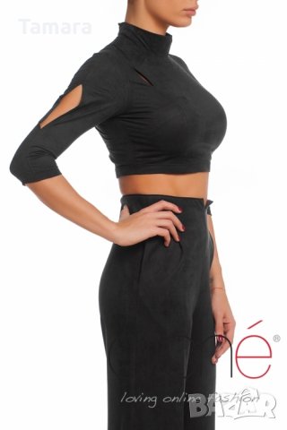 Късо поло от велур в маслинено зелено Cliche, снимка 4 - Корсети, бюстиета, топове - 28904199