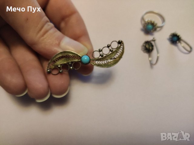 Стар сребърен комплект - брошка,обеци и пръстен (11), снимка 3 - Бижутерийни комплекти - 39121364