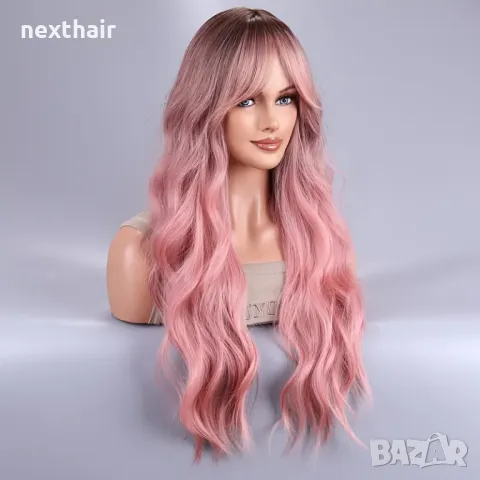 Розова омбре перука с тъмни корени и дълъг бретон, снимка 5 - Аксесоари за коса - 50304998