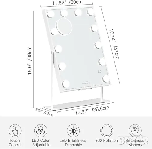 Безжично акумулаторно огледало за грим с Bluetooth функция, 30 x 41 cm, снимка 7 - Огледала - 49611841