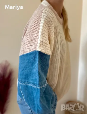 Топли пуловери с ръкав от деним. Син, сив, бежов, черен цвят. С,М,Л,ХЛ, снимка 3 - Блузи с дълъг ръкав и пуловери - 47682174