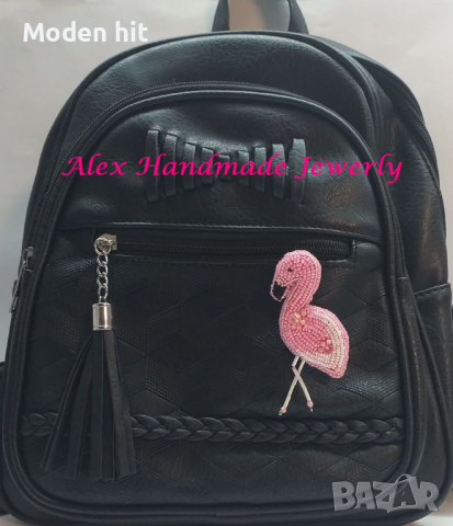 "Фламинго" брошка/висулка за колие бродерия с мъниста. Ръчна изработка., снимка 3 - Други - 36476668