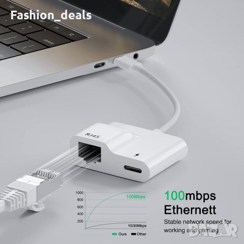 Нов USB C към Ethernet адаптер мрежов конвертор с PD 60W зареждане за MacBook Pro/Air, снимка 4 - Друга електроника - 39681589