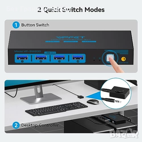 Нов Превключвател HDMI KVM 2 PC 1 монитор с USB 3.0 и кабелен контролер, снимка 5 - Друга електроника - 51640950