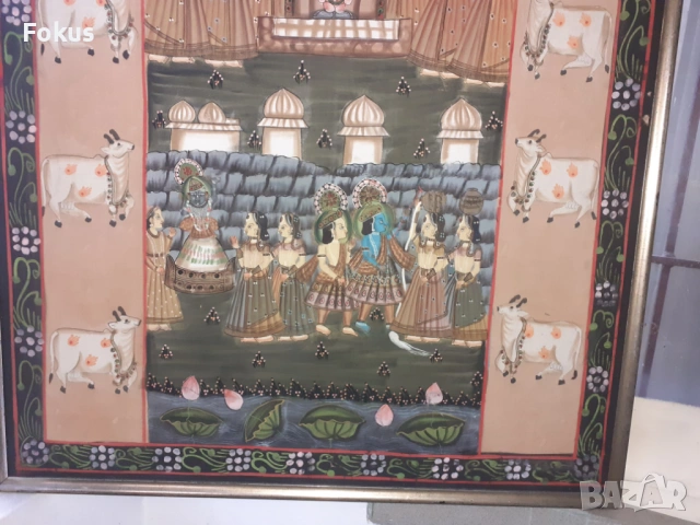 Стара огромна много красива индийска картина върху плат, снимка 4 - Антикварни и старинни предмети - 53294593