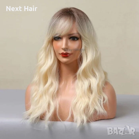 Светло руса омбре чуплива перука 60 см с тъмни корени и бретон, снимка 4 - Аксесоари за коса - 52897976