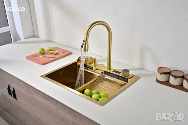 60см Златна мултифункционална кухненска мивка с двоен водопад