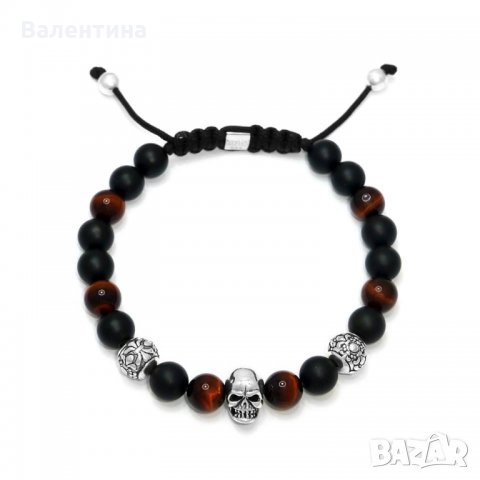 Мъжка гривна от оникс, тигрово око и сребърен череп