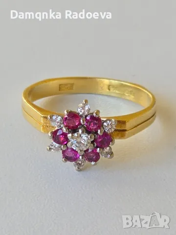 Златен пръстен с Диаманти и Рубини 18 карата проба 750, снимка 8 - Пръстени - 49783320