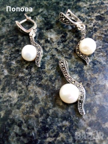 Комплект сребро с перли и марказити /обеци и медальон /, снимка 2 - Бижутерийни комплекти - 26590914