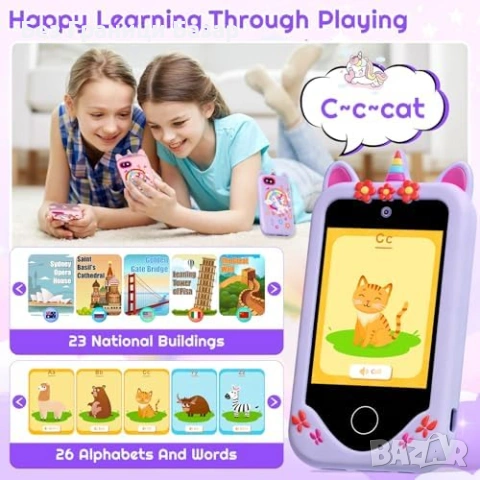 Нова Играчка телефон за деца 3-8 г., музика, будилник, таймер, стикери, кейс, снимка 3 - Образователни игри - 53517975