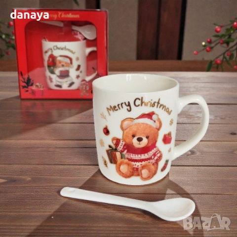 6239 Коледна чаша Merry Christmas с мече и лъжичка, 180мл, снимка 4 - Чаши - 52661003