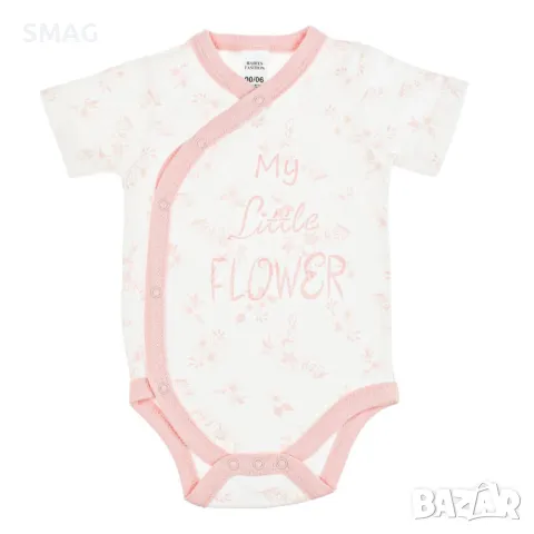 Бебешко памучно боди с къс ръкав и бели розови цветя My Little Flower 0-6 месеца S_1233524