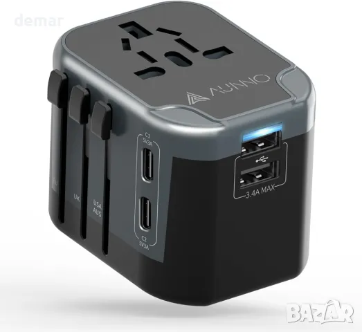AUNNO Универсален адаптер за пътувания - С 2 USB-C и 2 USB-А порта, сигурност
