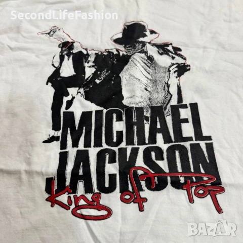 Тениска с надпис „Крал на попа“ на Майкъл Джексън, размер L, Fruit of the Loom, бяла, снимка 4 - Тениски - 53427675