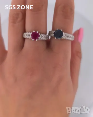 Сребърен Пръстен с Рубин или Сапфир, Заобиколен от Прозрачни Топази, снимка 7 - Пръстени - 50300380