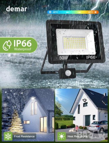 VIIIVA Външен охранителен прожектор със сензор за движение, 50W LED, снимка 5 - Лед осветление - 43973093