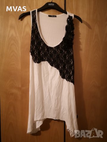 Бяла туника с черна декорация и мъниста M размер, снимка 4 - Туники - 33557956