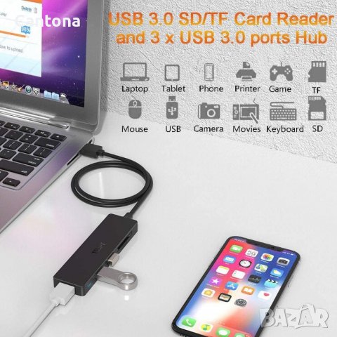 TSUPY Multi USB HUB, 5-в-1, SD и Micro SD четец, 3 USB 3.0 порта - 120 см кабел, снимка 6 - Други - 40210568