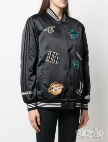 Adidas- M/L- Girls are awesome- Уникално ново дамско яке тип бомбър от черен сатен, снимка 3 - Якета - 38026910