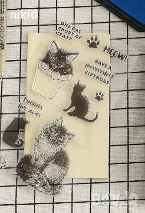 4 котки силиконов гумен печат декорация за бисквитки scrapbooking