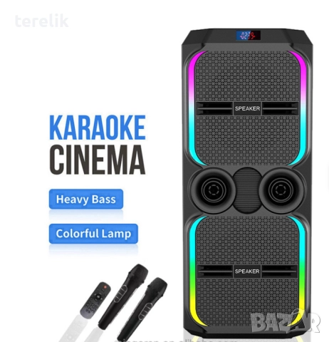 🔊 ABS-12202 – 12”×2 Xbass 200W 6000mah-50лв Професионална караоке тонколона, Bluetooth, 2 микрофонa