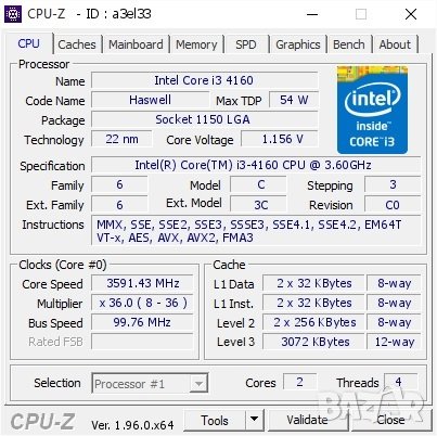 Процесор Intel® Core ™ i3-4160 SR1PК Soccet: 1150, снимка 2 - Процесори - 36967708
