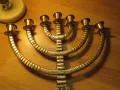 Голям старинен бронзов свещник МЕНОРА с орнаменти и камък син тюркоаз 36х 35см. - еврейски седемсвещ, снимка 6