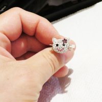 Дамски сребърен пръстен нежен и красив със сладко котенце, котка - цялото в камъни, снимка 3 - Пръстени - 32467292