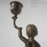 десен свещник стар метален 24 см с момче фигура антика, снимка 3 - Антикварни и старинни предмети - 28874507