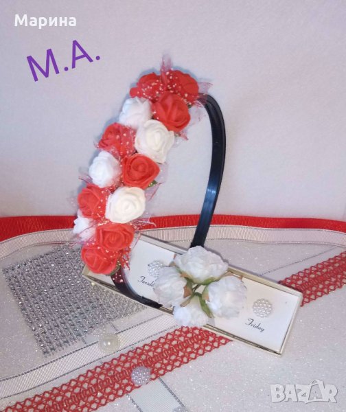 Диадема с цветя (Рози ) цвят червен и бял!, снимка 1