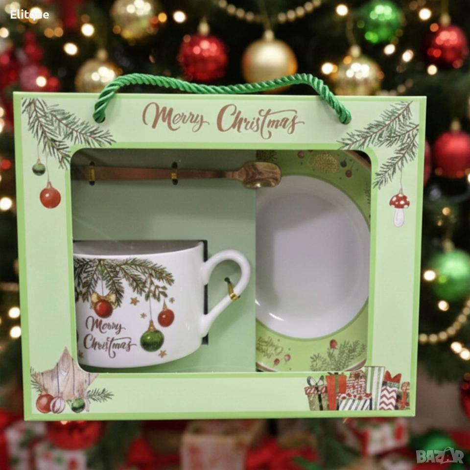 Коледен подаръчен комплект – Керамична чаша с лъжичка и чинийка в празнична кутия, снимка 1