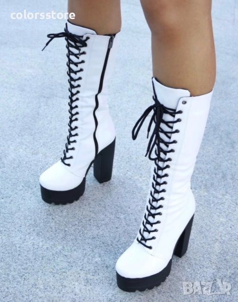 Ботуши на ток - бяла кожа с черно ходило - 593, снимка 1