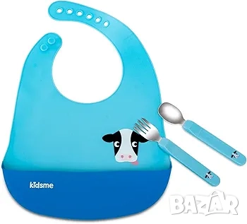 Комплект за хранене KIDSME, силиконов лигавник + прибори 🍽, снимка 1