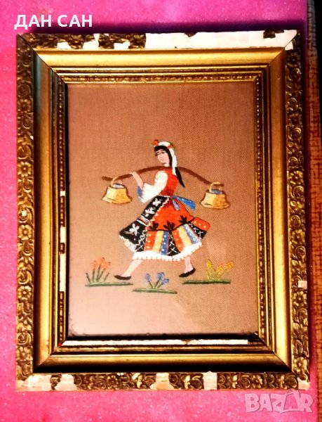 етно стар ръчен гоблен в рамка, снимка 1