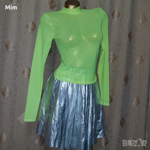 S К- т Неоново зелена, прозрачна блуза от тюл и сребриста пола, снимка 1