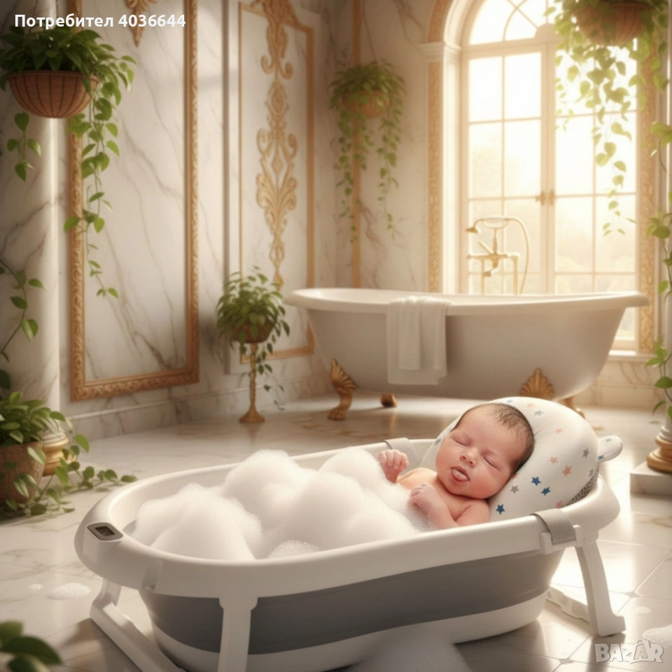 Сгъваема бебешка вана с термометър и възглавница, снимка 1