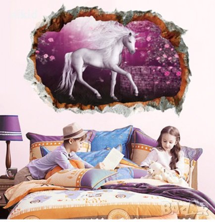 3D Еднорог дупка в стена с рози стикер лепенка за стена самозалепващ, снимка 1