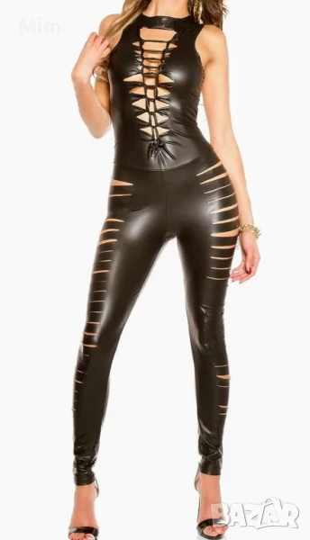  S/M Черен еластичен гащеризон на ленти , снимка 1