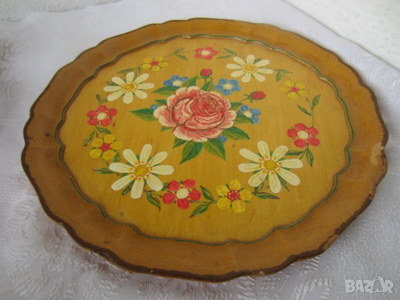 стара дървена рисувана чиния  - поднос от дърво, снимка 1
