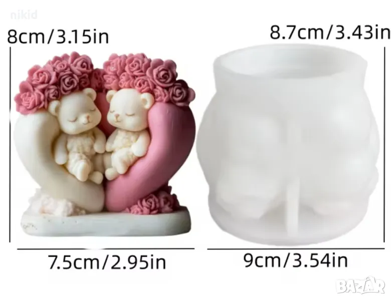 3D 2 мечета седнали в сърце с рози Силиконов молд фрома фондан свещ гипс сапун Свети Валентин, снимка 1