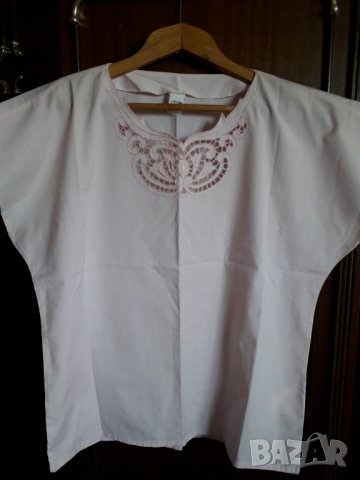 Дамска розова блуза с паднал къс ръкав с бродерия отпред, снимка 1